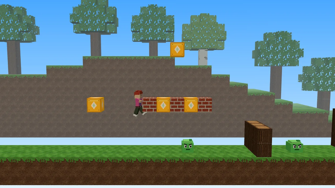 Tu avatar saltando hacia una fila de bloques con gema en la pradera de Verdania, con dos blobis verdes en el suelo