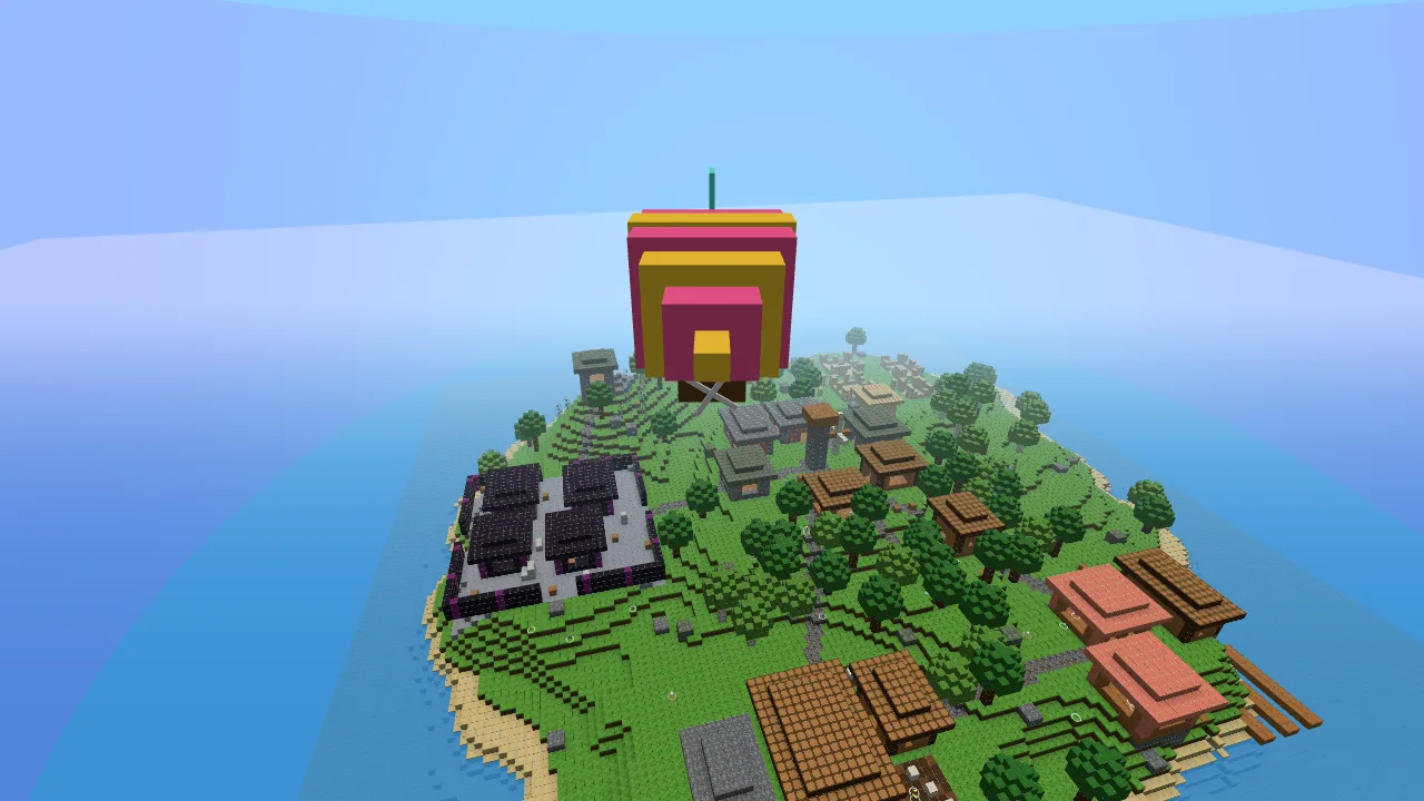 El dirigible de BELLAWORLD sobrevolando la Isla de los Ecos, con sus casas, la base de NEXUS y el bosque