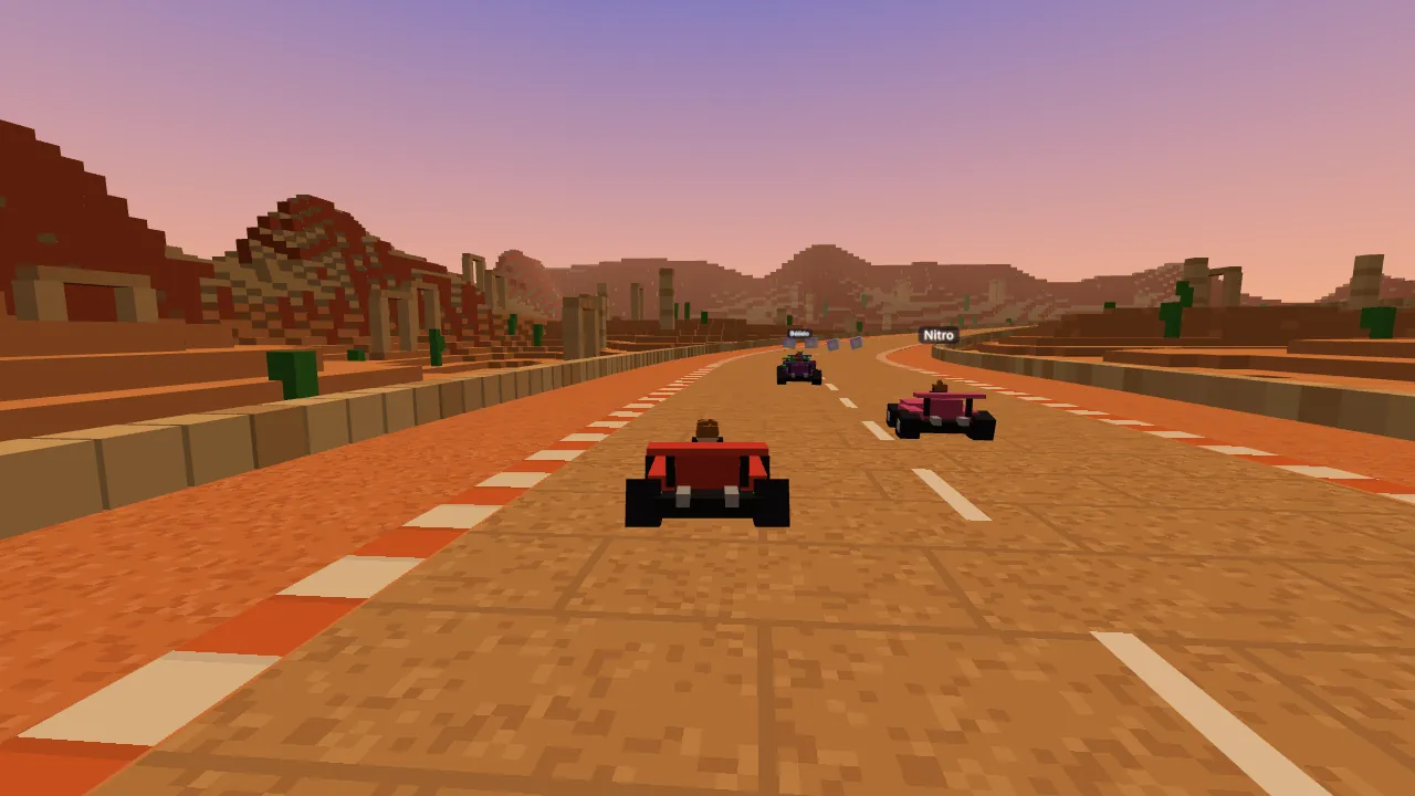 Karts de cubos corriendo por la pista de las Dunas de Solkar, con ruinas de arenisca y un cielo de atardecer