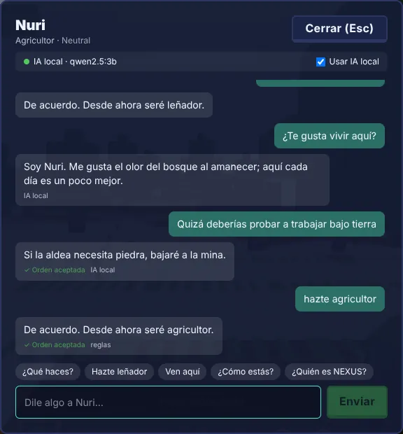Conversación escrita con Nuri, una aldeana, que acepta trabajar en la mina