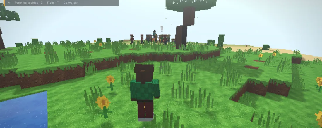 Vista en tercera persona del personaje caminando por una pradera junto a un lago